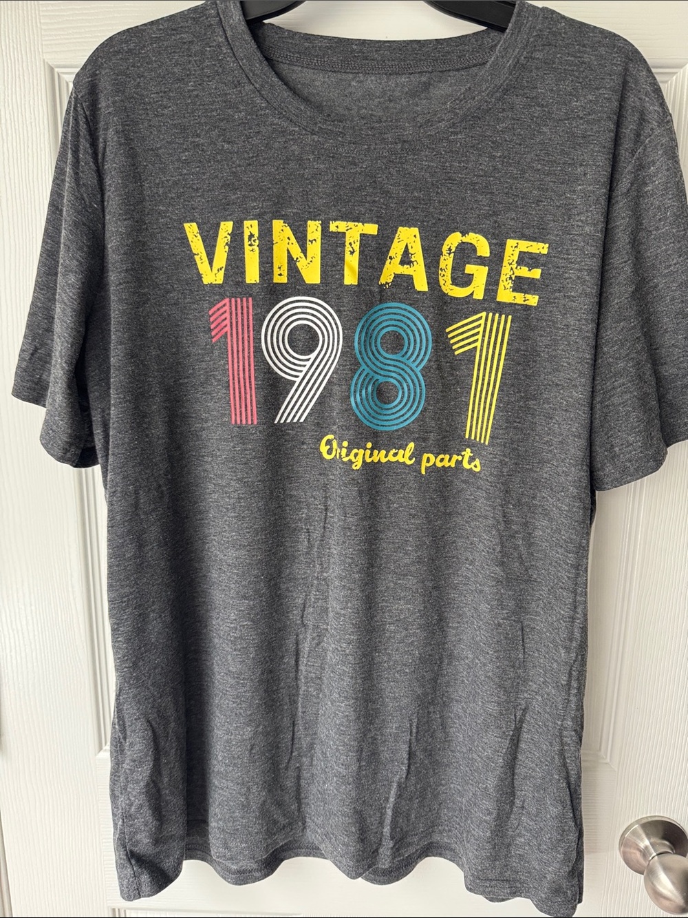 Vintage 1981 Graphic Tee - Gray with Yellow, Pink, White, Teal Print
